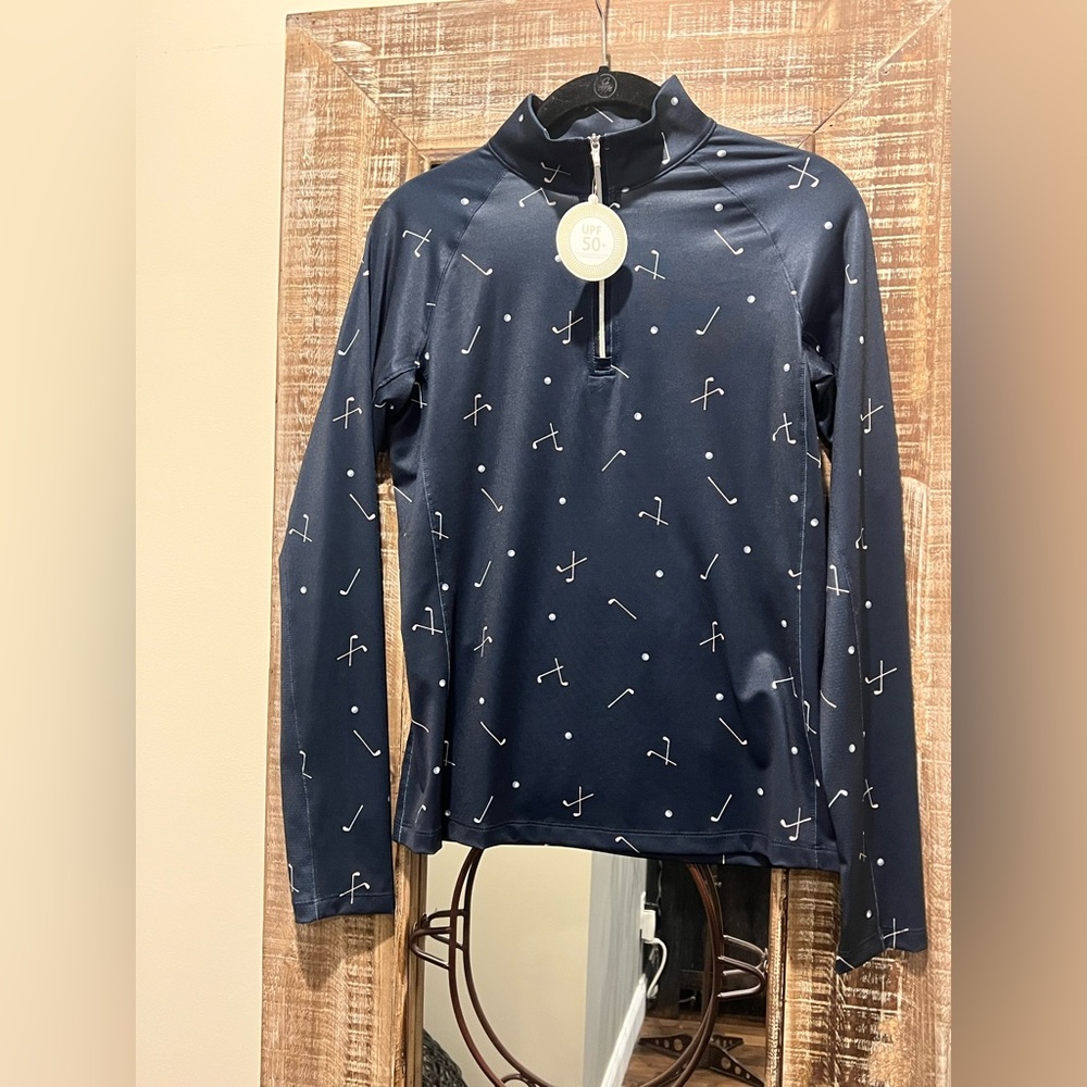 Lady Hagen NWT Solid UV 1/4 Zip “Golf Clubs & Flags” Pullover Navy Blue